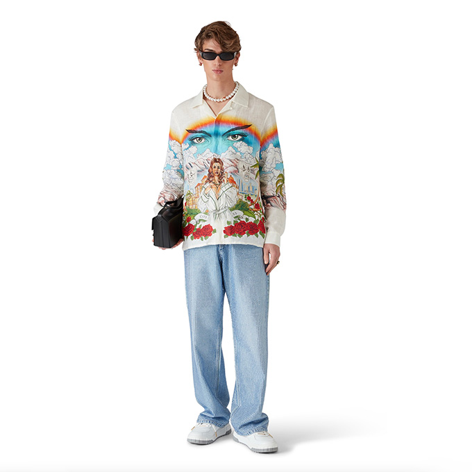 casablanca mask print linen long-sleeve shirt